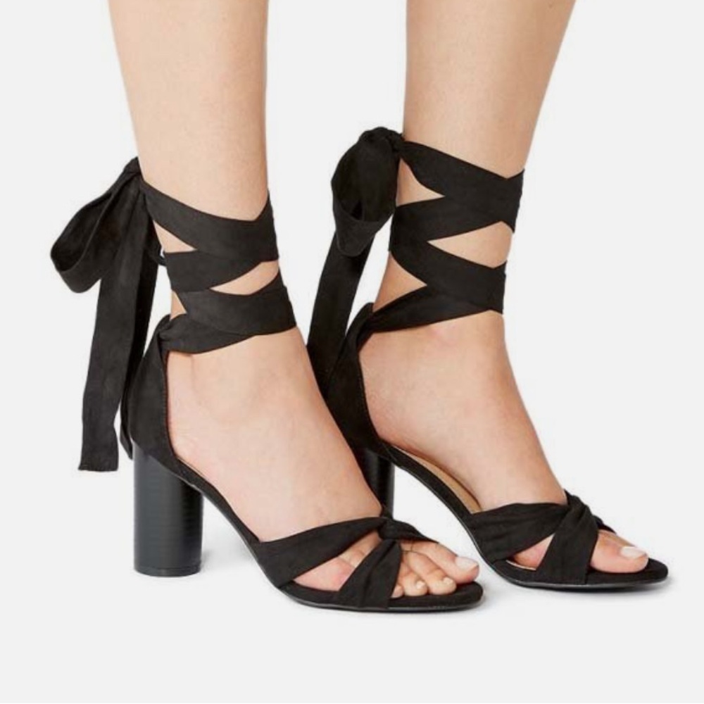 JustFab Annie block heel sandal in black faux-suede with lace up ankle Tie Strap